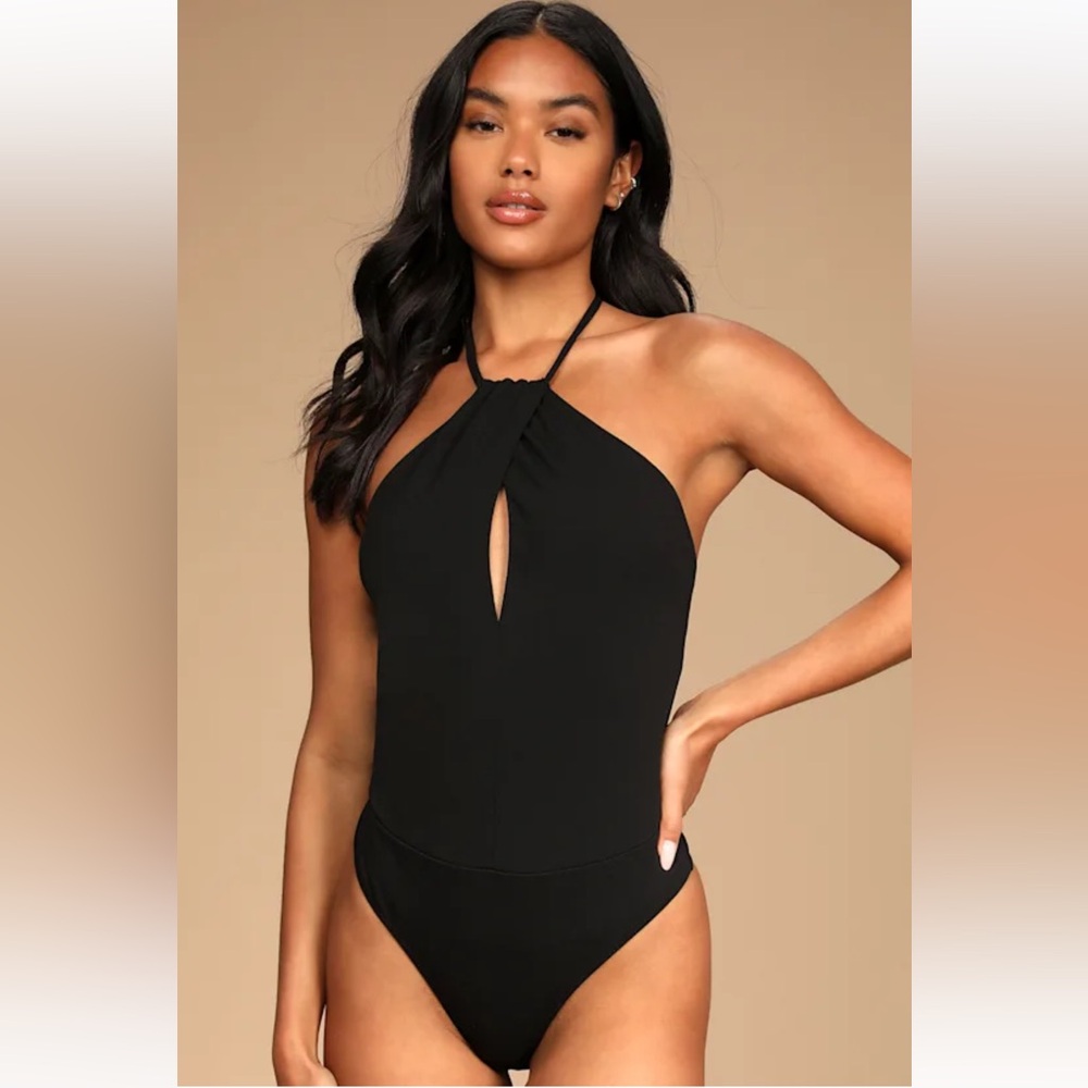 Lulus Black Tie-back Halter Bodysuit - Size XS S